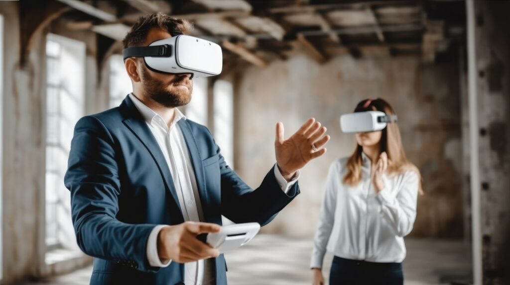 A man and a woman wearing VR headsets in an industrial space.
